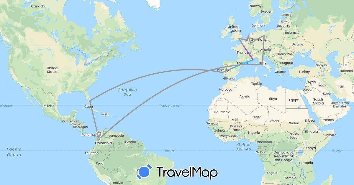 TravelMap itinerary: driving, plane, train, boat in Belgium, Colombia, Germany, Spain, France, United Kingdom, Luxembourg, Monaco, Netherlands, Portugal, United States, Vatican City (Europe, North America, South America)